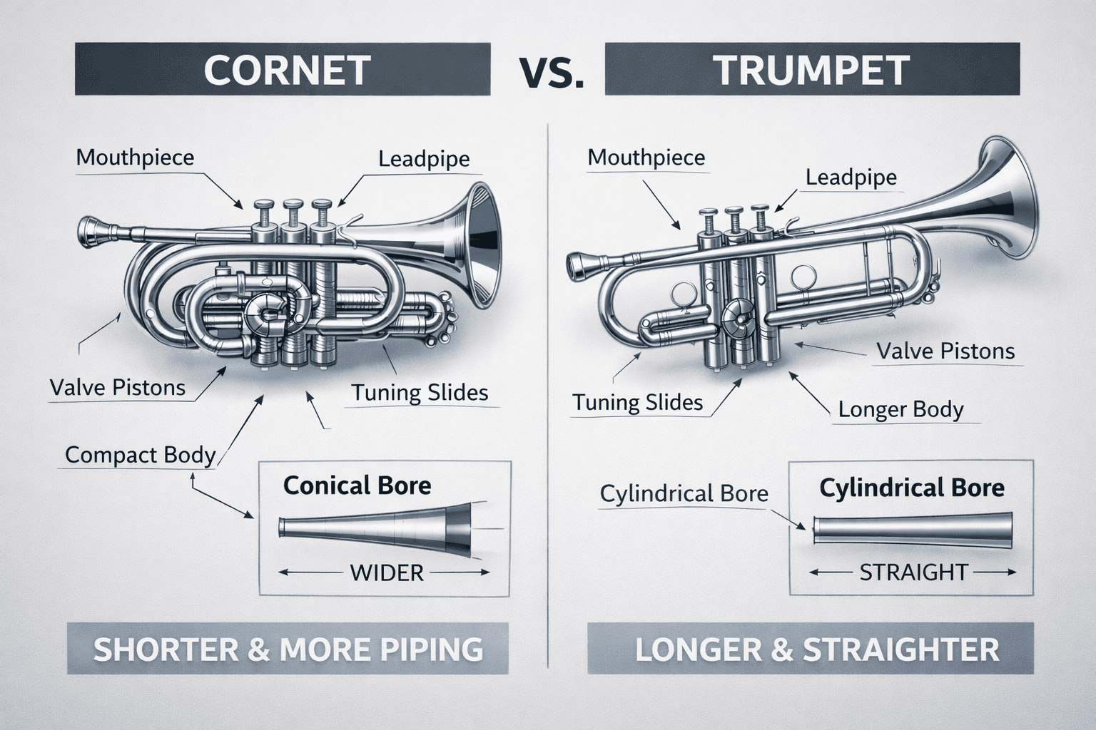 Comparison diagram of trumpet and cornet showing structural differences
